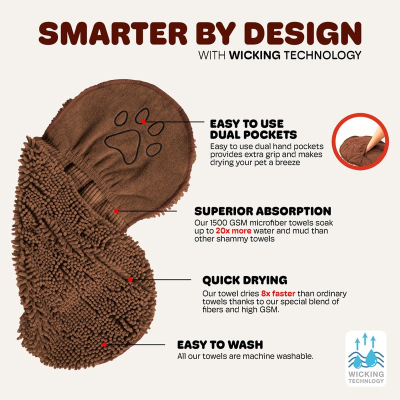 Dog Gone Smart The Dirty Dog Shammy - Antimicrobial Microfiber, Fast-Drying Plush Dog Towel with Dual Hand Pockets & Elastic - Super Absorbent, Odor-Resistant, Machine Washable - 31Ã—13 in, Brown - Image 4
